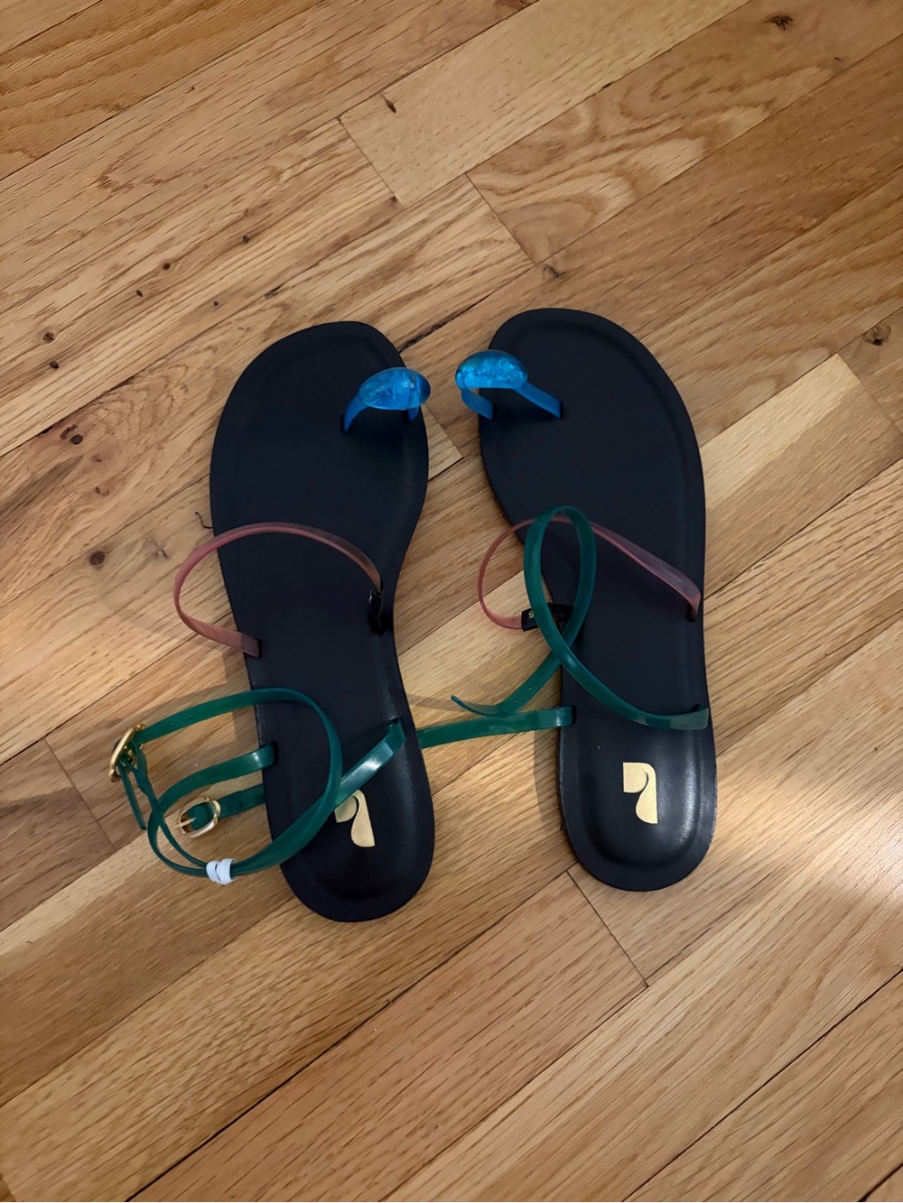 Larroude Black Sandals with Green, Pink and Blue Straps